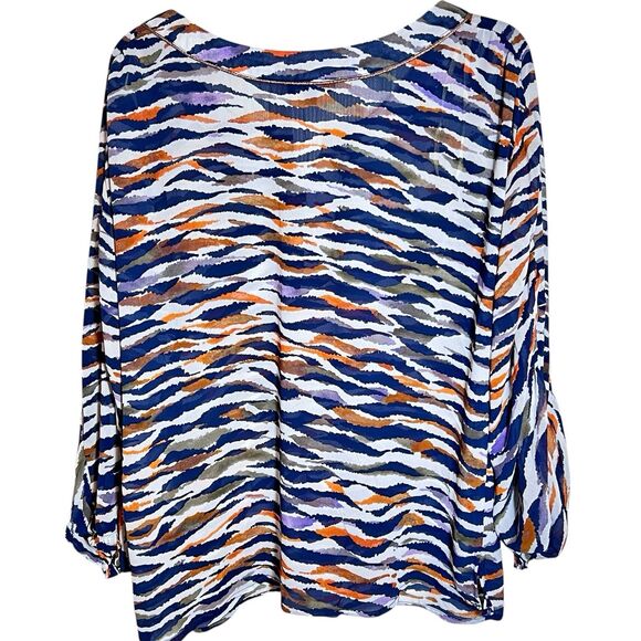 Democracy Tiger Print Top Size XL Long Ruche Sleeves Gold Trim Sheer Loose Fit - Picture 3 of 8